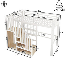 Acheter allomn Lit superposé métal 90x200 cm - marches rangement grille support projecteur - Blanc