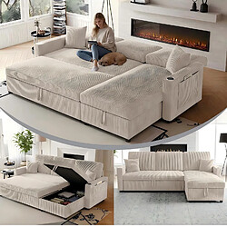 modfu Canapé d'angle convertible 4 places avec rangement, en velours côtelé, beige pas cher