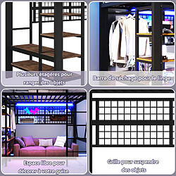 Avis Onever Lit mezzanine 140 x 200 cm avec rangements, LED, filet suspendu et barre penderie - noir