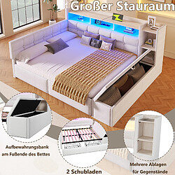 Acheter Onever Lit banquette 140 x 190 cm avec 2 tiroirs, banc coffre, USB/Type-C et LED - velours beige