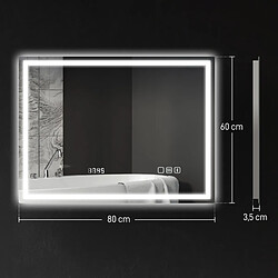 Miroir salle de bain LED 80x60 cm Bluetooth horloge antibuée – tactile mémoire 