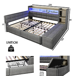 Onever Lit banquette 140 x 190 cm avec 2 tiroirs, banc coffre, niche, USB/Type-C et LED - gris pas cher