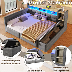 Acheter Onever Lit banquette 140 x 190 cm avec 2 tiroirs, banc coffre, niche, USB/Type-C et LED - gris
