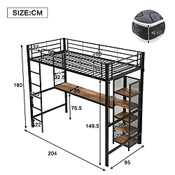 Onever Lit mezzanine 90 x 200 cm avec bureau et armoire intégrés, métal et MDF - noir pas cher