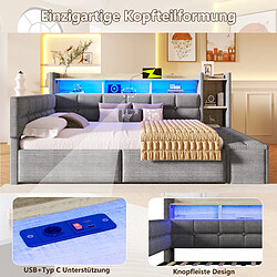 Avis Onever Lit banquette 140 x 190 cm avec 2 tiroirs, banc coffre, niche, USB/Type-C et LED - gris