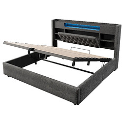 Avis allomn Lit coffre rembourré 180 x 200 cm en lin avec rangement hydraulique, LED et USB - gris