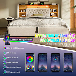 Avis allomn Lit coffre rembourré 140 x 200 cm en lin avec rangement hydraulique, LED et USB - beige