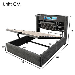 allomn Lit coffre rembourré 90 x 200 cm en lin avec rangement hydraulique, LED et USB - gris pas cher