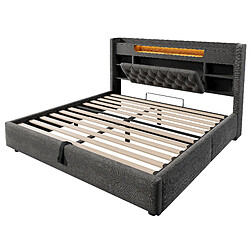 Avis allomn Lit coffre rembourré 140 x 190 cm en lin avec rangement hydraulique, LED et USB - gris