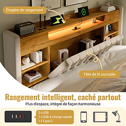 Acheter allomn Lit coffre rembourré 140 x 200 cm en lin avec rangement hydraulique, LED et USB - beige