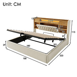 allomn Lit coffre rembourré 180 x 200 cm en lin avec rangement hydraulique, LED et USB - beige pas cher
