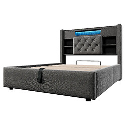 Acheter allomn Lit coffre rembourré 90 x 200 cm en lin avec rangement hydraulique, LED et USB - gris
