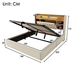 allomn Lit coffre rembourré 160 x 200 cm en lin avec rangement hydraulique, LED et USB - beige pas cher