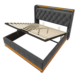 modfu Lit coffre 140x190 cm avec LED et ports USB et Type-C, en lin, gris, sans matelas pas cher