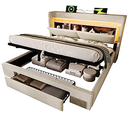 Acheter modfu Lit coffre 140x200 cm avec tête de lit de rangement, LED, en lin, beige, sans matelas