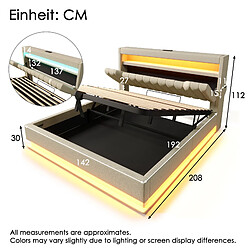 Avis modfu Lit coffre 140x190 cm, tête de lit avec rangement et LED, en lin, beige, sans matelas