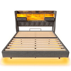 modfu Lit adulte 140x190 cm avec tête de lit de rangement, LED, en lin, gris, sans matelas pas cher