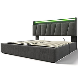 modfu Lit coffre 140x190 cm avec tête de lit et LED, en lin, gris, sans matelas pas cher