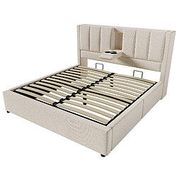 modfu Lit coffre 140x190 cm, avec tête de lit, USB, Type-C, en lin, beige, sans matelas pas cher