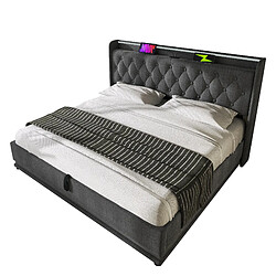 modfu Lit coffre 180x200 cm, avec tête de lit LED, USB et Type-C, en lin, gris, sans matelas pas cher