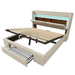 modfu Lit coffre 140x200 cm avec tête de lit de rangement, LED, en lin, beige, sans matelas pas cher