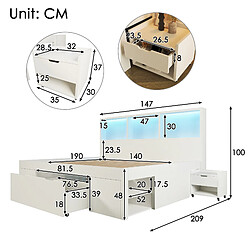 Avis modfu Lit adulte 140x190 cm avec rangement, tête de lit avec LED, en bois, blanc, sans matelas