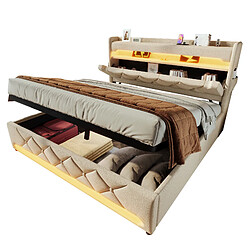 Acheter modfu Lit coffre 140x190 cm avec tête de lit et LED, en lin, beige, sans matelas