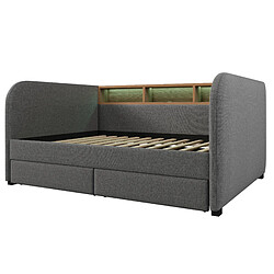 modfu Lit adulte 140x190 cm, avec LED, USB, Type-C et 2 tiroirs, en lin, gris, sans matelas pas cher