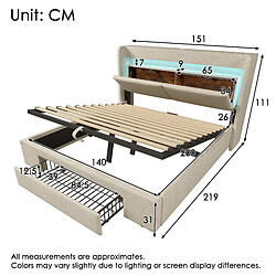 Avis modfu Lit coffre 140x200 cm avec tête de lit de rangement, LED, en lin, beige, sans matelas