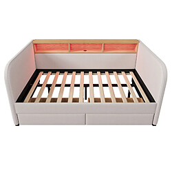modfu Lit adulte 140x190 cm, avec tête de lit LED et 2 tiroirs, en lin, beige, sans matelas pas cher