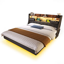 Acheter modfu Lit adulte 140x190 cm avec tête de lit de rangement, LED, en lin, gris, sans matelas