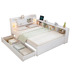 Acheter modfu Lit double 140x200 cm avec 2 tiroirs, 2 lampes, en bois, blanc, sans matelas