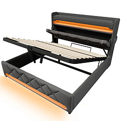 modfu Lit coffre 140x190 cm, tête de lit avec LED, en lin, gris, sans matelas pas cher
