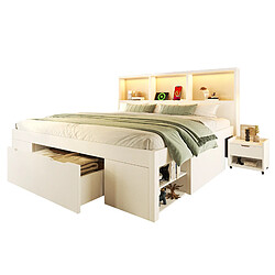 Acheter modfu Lit adulte 140x190 cm avec rangement, tête de lit avec LED, en bois, blanc, sans matelas