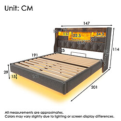 Avis modfu Lit adulte 140x190 cm avec tête de lit de rangement, LED, en lin, gris, sans matelas