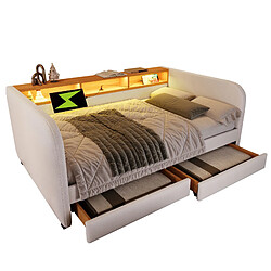 Acheter modfu Lit adulte 140x190 cm, avec tête de lit LED et 2 tiroirs, en lin, beige, sans matelas