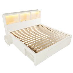 modfu Lit adulte 140x190 cm avec rangement, tête de lit avec LED, en bois, blanc, sans matelas pas cher