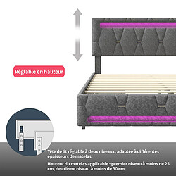 Lit rembourré - Superaly - 160x200cm - avec 4 tiroirs et éclairage LED - Linge - Gris pas cher
