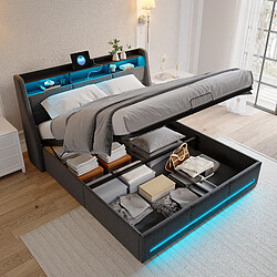 Avis Lit rembourré - Superaly - 140x200cm - avec éclairage LED et port USB - Linge - Gris