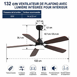 MIVRAY Ventilateur de plafond 132 cm LED réglable, 6 vitesses MDF noir pas cher