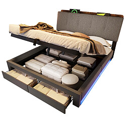 Lit Coffre 140x200 cm - Modenvie - USB-C, LED et rangement - Lin gris pas cher
