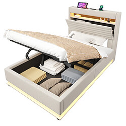 Lit Coffre 90x200 cm Modenvie LED et USB en lin beige sans matelas pas cher
