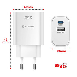 Avis Swissten Chargeur USB-C 35W Power Delivery et USB-A Quick Charge 3.0 18W Blanc
