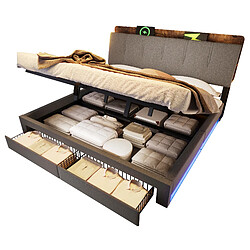 Lit Coffre 180x200 cm - Modenvie - rangement hydraulique avec USB-C - Lin - Gris pas cher