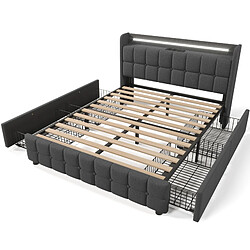 Acheter MIVRAY Lit Adulte Double 180x200 Cm Avec 4 Tiroirs, Éclairage LED, Prises USB, Lin, Gris