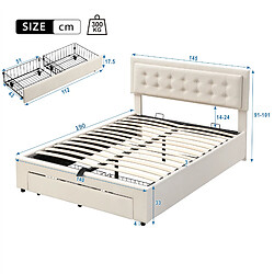 MIVRAY Lit coffre adulte 140x190 cm, tête de lit réglable, avec tiroirs, velours beige pas cher