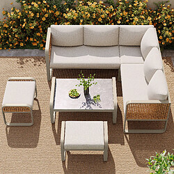 Acheter MIVRAY Salon de jardin 6 places 120x61x69 cm, coussins et pieds réglables, métal rotin beige