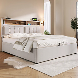 Avis MIVRAY Lit Coffre Adulte 160x200 Cm Lit Double, Rangement Et Tête De Lit Avec USB-C, Lin, Beige