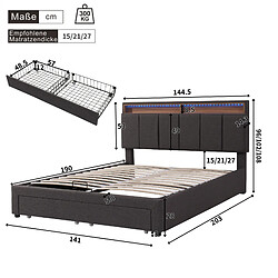 MIVRAY Lit coffre adulte 140x190 cm, Lit double avec tête de lit LED, Lin, gris pas cher