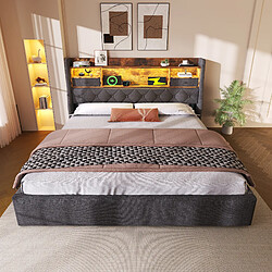 Avis MIVRAY Lit coffre adulte 140x190 cm, LED et ports de charge, lin gris